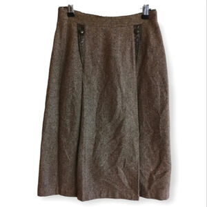 Vintage Wool Herringbone Pleated Brown Midi Skirt with Leather Accents 40 Small